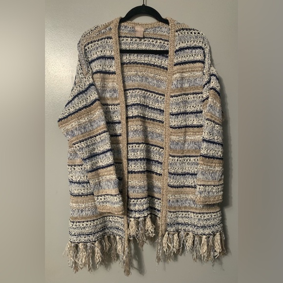 Chico's Sweaters - Chico's Beige and Navy Striped Fringe Cardigan